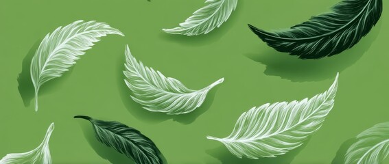 Green background with white and black leaves scattered across it. The leaves are drawn in a stylized way