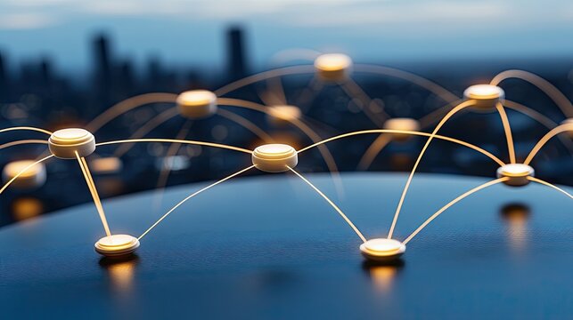 Concept showcases interconnected digital networks with a city skyline glowing in blue hues during the night, highlighting urban connectivity