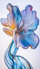 Glass sculpture of orchid flower with light blue and purple gradient colors against white background, elegant fluid lines and artistic form.