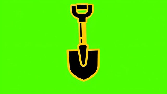 Cartoon shovel icon with black and yellow design on a bright green screen background