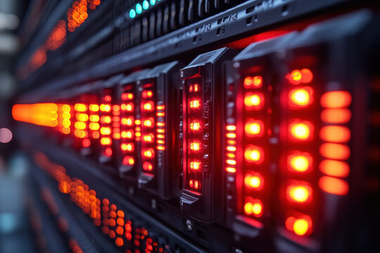 Computer server with red lights.