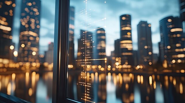 A vibrant smart city illuminated by sunset showcases advanced data structures and a network of connectivity amidst a clear blue sky
