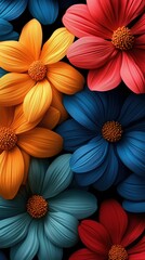 Colorful flower background wallpaper for mobile phones featuring vibrant daisies with dark blue and red flowers and yellow red petals against solid black background.