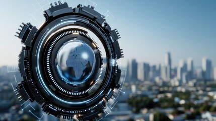 A vibrant digital cityscape with a futuristic globe, glowing tech elements, and modern buildings symbolizes innovation