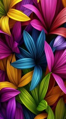 Colorful leaves of flowers with vibrant petals and spectrum of colors on vibrant background, mobile wallpaper design for phone display.