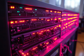 Obraz premium Red-lit server rack hums softly.
