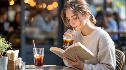 Young woman relaxing and reading a book while sipping an iced coffee drink outdoors at a cafe table on a sunny day