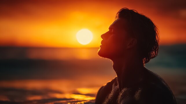 Man is sitting on the beach, looking at the sun. The sun is setting, and the sky is orange. The man is wearing a shirt