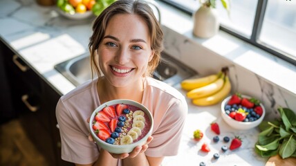 Smiling young woman holding a colorful and healthy aa or smoothie bowl topped with fresh fruit like strawberry, blueberry, and banana in a bright kitchen setting