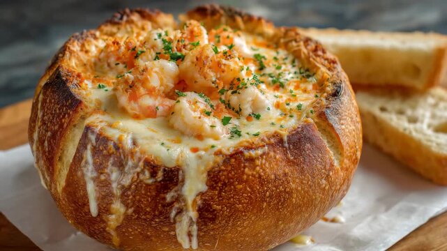Creamy shrimp soup served in bread bowl 