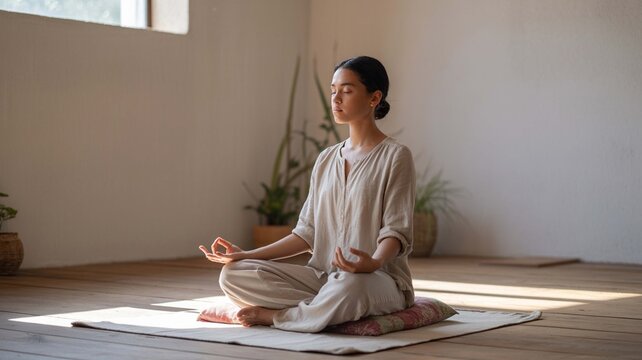 Young asian woman meditating in lotus position on cushion indoors with natural light creating a peaceful and serene atmosphere for mindfulness practice