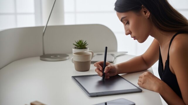 Young woman artist concentrating while drawing or designing on a digital graphic tablet with a stylus pen at a modern white desk indoors