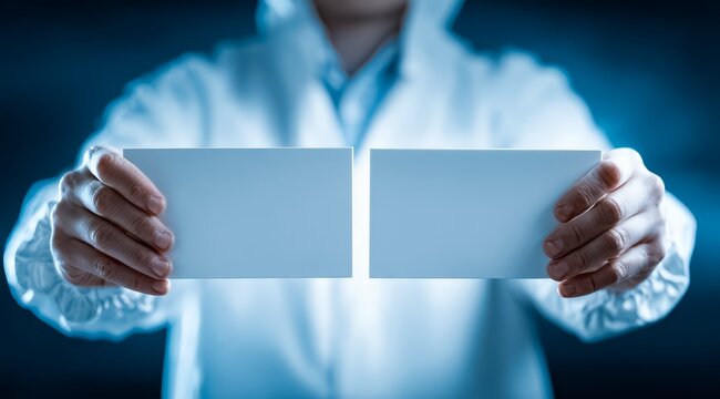 Person is holding two blank cards in their hands. The cards are white and appear to be rectangular in shape - Powered by Adobe