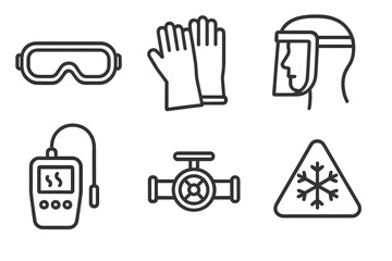 Cryogenic Safety Icons. Line style icons of cryogenic safety equipment: safety goggles, insulated gloves, face shield icon, gas