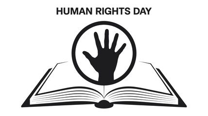 Empowering Human Rights Day awareness: Hand symbol with educational book for social justice and equality advocacy, ideal for campaigns