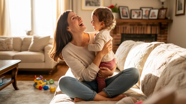 Joyful mother and happy toddler laughing together while sitting on a couch in a sunlit living room, sharing a moment of pure connection and affection
