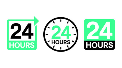 Modern 24 Hour Service Icon Set for Business Open Around the Clock; Vector Graphic for Delivery, Support, Retail, and Emergency Services