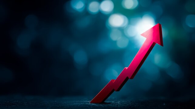 Red arrow pointing upwards on a blue background. Concept of growth and progress