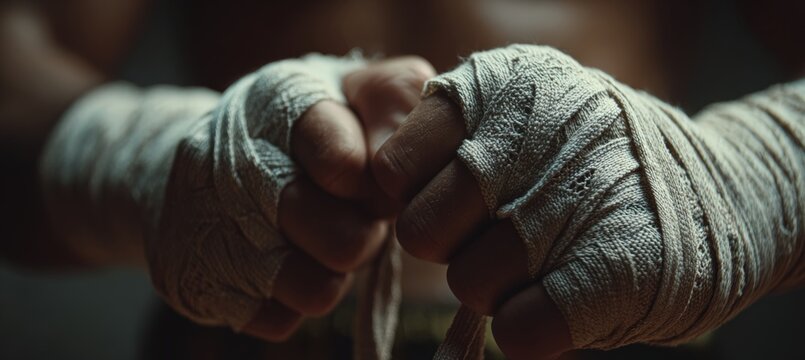 Close-Up of Hand Wraps Being Tied for Boxing in Cinematic Detail - Powered by Adobe