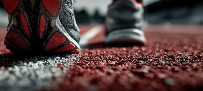 Macro Shot of Running Shoes on Red Track Capturing Movement Anticipation