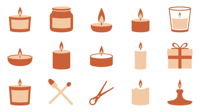 Cozy candles and gift box illustrations for relaxing spa day designs and aromatherapy branding. Vector elements for self-care promotions