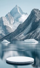 White circular podium floating in middle of arctic lake with snow capped mountains and icebergs in background, minimalist arctic scene.