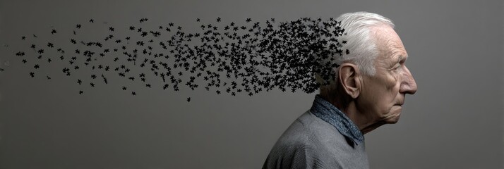 Elderly senior old man suffering from dementia with puzzles on head
