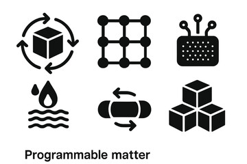 Programmable Matter Icons. Line style icons of Programmable Matter: shape-shifting cube, molecular structure grid, smart material