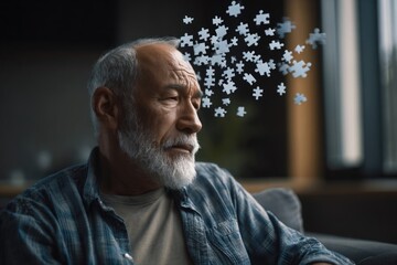 Elderly senior old man suffering from dementia with puzzles on head