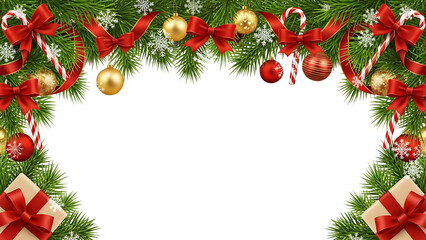Transparent background christmas fir branch border with ornament and gift isolated on transparent background