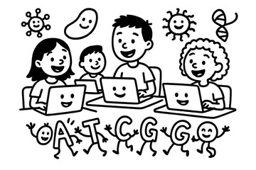 Joyful Bioinformatics Scene. Joyful doodle bioinformatics classroom with laptops smiling, DNA letters dancing with faces, cheerful