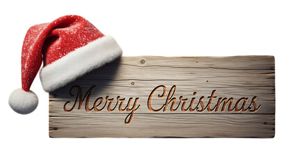 Transparent background merry christmas message on rustic wood plank with santa hat