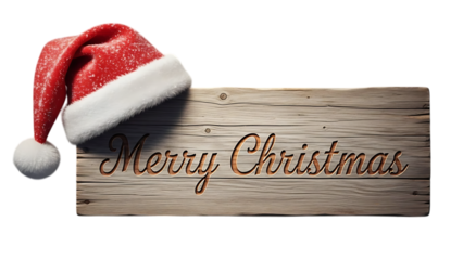 Transparent background merry christmas message on rustic wood plank with santa hat