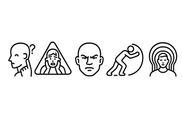 Mental Challenge Icons. Line style icons of mental challenges during OCR: moment of hesitation, fear at height symbol, mental