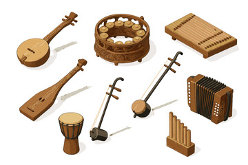 Rare Musical Instruments. Isometric vector illustration set of Rare musical instruments: xalam lute, hsaing waing set, khim