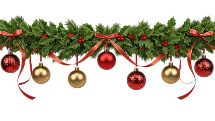 Transparent background christmas garland with holly, pine branch, red and gold ornament