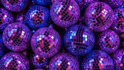 A Close-Up View of a Cluster of Sparkling Purple and Blue Disco Balls Reflecting Light and Creating a Festive Atmosphere