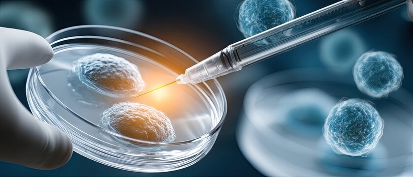 Close-up view of precision needle performing laboratory work on human cells in petri dish under macro photography with shallow depth of field - Powered by Adobe