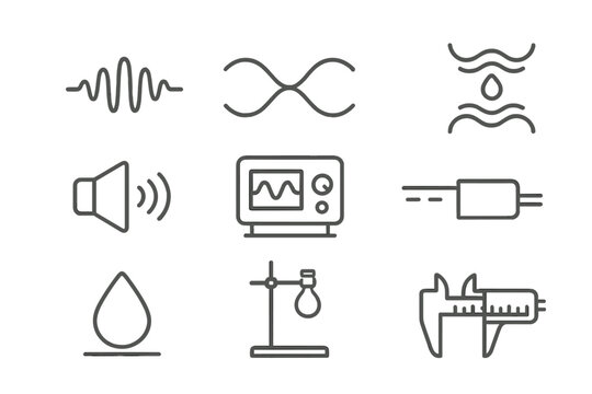 Wave-Based Levitation Icons. Line style icons of Wave-Based Levitation: Sound Wave, Standing Wave, Levitated Drop, Gravity