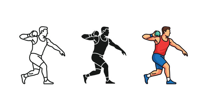 Set of three icons illustrating a male athlete performing shot put throw technique in outline, silhouette and color versions