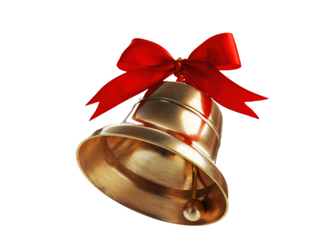 Golden Christmas Bell with Red Ribbon Bow Isolated on White Background