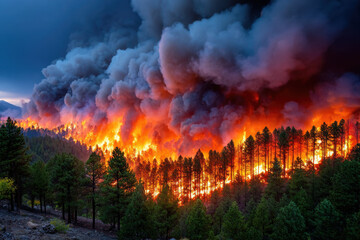 Raging Wildfire Consumes Forest at Dusk
