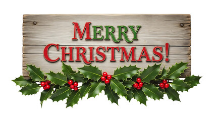 Transparent background merry christmas greeting on rustic wood plank with holly border