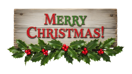 Transparent background merry christmas greeting on rustic wood plank with holly border