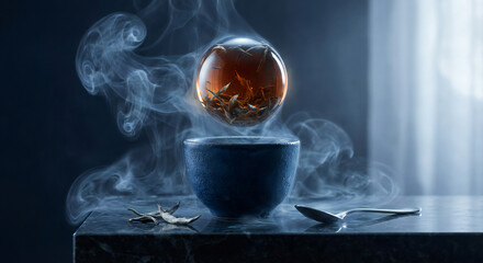 Magical floating egg shaped tea infusion with steam rising from a dark blue cup