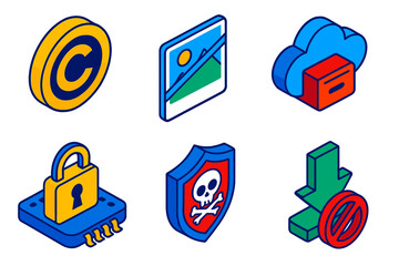 Digital Copyright Protection. Isometric vector illustration set Digital Copyright Protection: copyright © symbol, watermarked