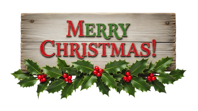 Transparent background merry christmas greeting on rustic wood plank with holly border