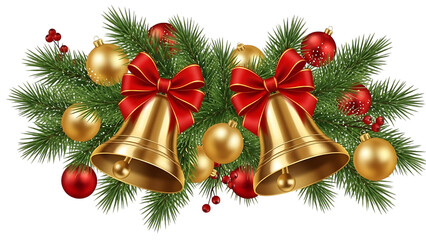 Transparent background two golden christmas bells with red bow on fir branch isolated on transparent background