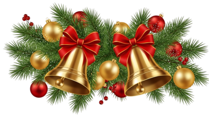 Transparent background two golden christmas bells with red bow on fir branch isolated on transparent background