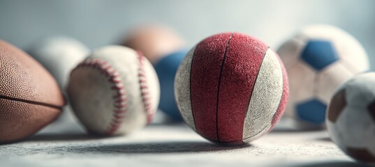 Close-Up of Various Sports Balls with Detailed Textures on Light Surface